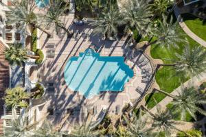 een uitzicht over een zwembad met palmbomen bij Desert Paradise by VARE - Puerta Azul - Pool & Spa in La Quinta