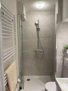 łazienka z kabiną prysznicową i toaletą w obiekcie Hotel Meyer w mieście Hildesheim