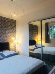 1 Schlafzimmer mit 2 Betten und einem großen Spiegel in der Unterkunft Villa 3* piscine vue montagne proche mer & Espagne in Le Boulou