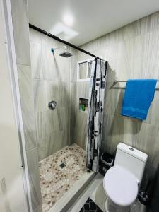 a bathroom with a shower with a toilet and a sink at Estudio aeropuerto in Ciudad Juárez