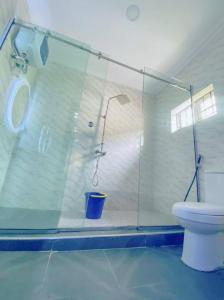 a bathroom with a glass shower and a toilet at Sammy's Place in Lekki