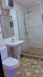 a bathroom with a toilet and a sink and a shower at Sammy's Place in Lekki