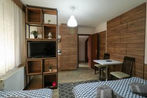 a room with a bed and a television and a table at Studio Apartments Maksimović in Niš