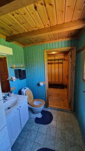 a bathroom with a toilet and a sink and a tub at Haukland Panorama in Offersøya