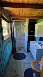 a bathroom with a shower and a toilet and a sink at Haukland Panorama in Offersøya