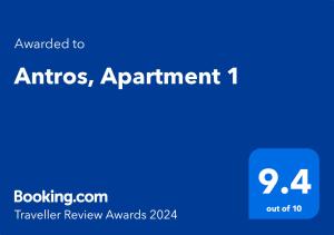 Certifikát, hodnocení, plakát nebo jiný dokument vystavený v ubytování Antros, Apartment 1