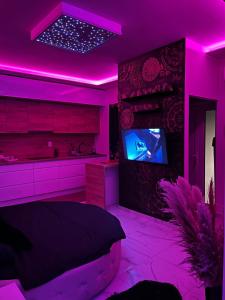 a bedroom with purple lighting and a bed and a tv at Apartman Delux in Bačka Topola