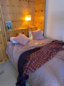 sypialnia z dużym łóżkiem z lampką w obiekcie Studio Swiss me up! w mieście Pontresina