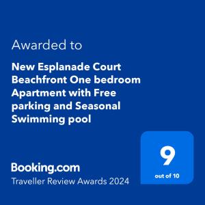 Um certificado, prêmio, placa ou outro documento exibido em New Esplanade Court Beachfront One bedroom Apartment with Free parking and Seasonal Swimming pool