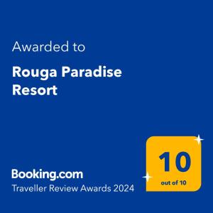 a yellow sign with the text awarded to ruza paradise resort at Rouga Paradise Resort in Vonitsa