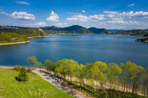 arial view of a lake with trees in the foreground at View & Spa Villa in Kluszkowce