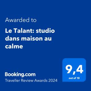 a screenshot of a cell phone with the text awarded to le talant studio at Les pins de Talant , au calme en rez de jardin in Talant