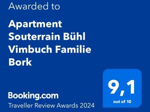 Сертификат, награда, вывеска или другой документ, выставленный в Apartment Souterrain Bühl Vimbuch Familie Bork