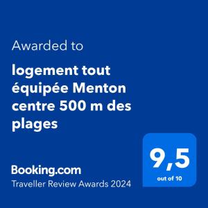 Un certificat, premiu, logo sau alt document afișat la Studio tout équipé centre ville Menton