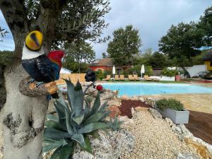 Una statua di un uccello seduto su un albero accanto a una piscina di Villa rouge a Saint-Montan