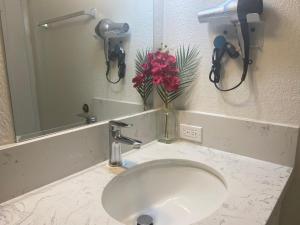 a bathroom sink with a vase of flowers on it at Hawaiian monarch cozy studio in Honolulu