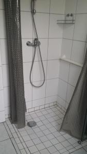 y baño con ducha y cortina de ducha. en Ferienwohnung am Sandwater, 
