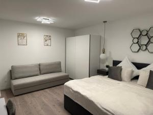 sypialnia z łóżkiem i kanapą w obiekcie The perfect room w mieście Karlsruhe