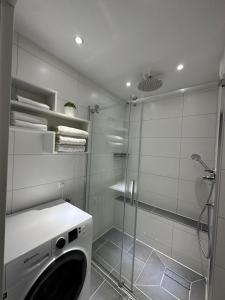 a washing machine in a bathroom with a shower at The perfect room in Karlsruhe