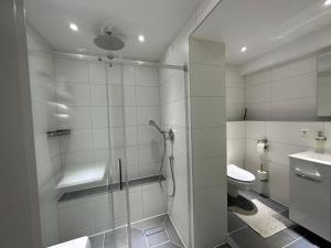a bathroom with a shower and a toilet at Prime Host perfect room in Karlsruhe +17 photos
