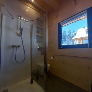 a bathroom with a shower and a toilet and a window at Domek z bali Dotyk Motyla in Łapsze Niżne