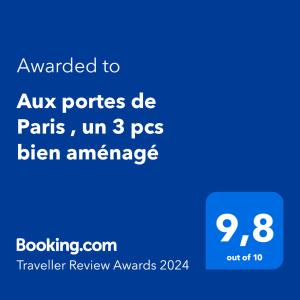 Certyfikat, podpis lub inny dokument wystawiony w obiekcie Aux portes de Paris , un 3 pcs bien aménagé