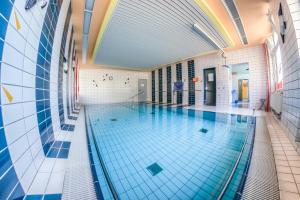 a large swimming pool with blue tiles on the walls at Hotel & Restaurant am Schlosspark in Dahme