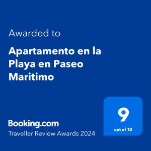 Certifikát, ocenenie alebo iný dokument vystavený v ubytovaní Apartamento en la Playa en Paseo Maritimo