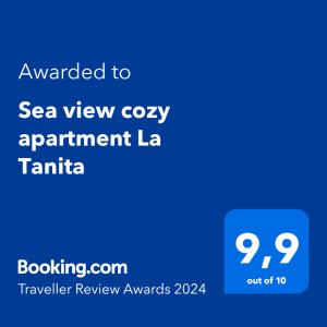 Certificat, premi, rètol o un altre document de Sea view cozy apartment La Tanita