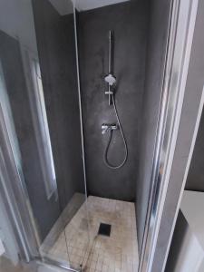 a shower with a glass door in a bathroom at Gîte Bistrot in Le Mas