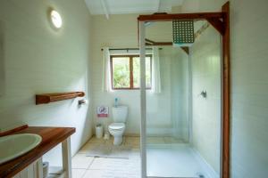ein Bad mit einer Dusche und einem WC in der Unterkunft Mar Azul 1B in Ponta Malangane