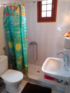 a bathroom with a shower and a toilet and a sink at Amalia in Áyios Ilías