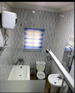 ein Bad mit einem Waschbecken, einem WC und einem Fenster in der Unterkunft Specfield Court And Apartment Sun City 
