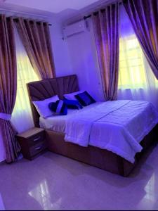 1 dormitorio con cama con almohadas y cortinas azules en Specfield Court And Apartment Sun City, 