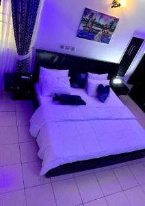 a bedroom with a large bed with purple lighting at Specfield Court And Apartment Sun City 