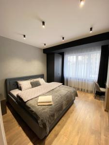 um quarto com uma cama grande e uma janela em Large and Cozy Apartment in the Center em Chisinau
