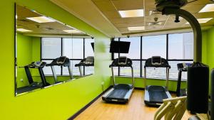 a gym with green walls and treadmills and mirrors at Zapbed House- AWP 2605 in Dubai