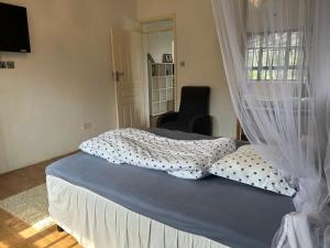 a bedroom with a bed with curtains and a chair at Cinnamon House in Kisumu