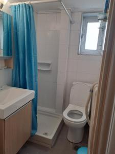 uma casa de banho com uma cortina de chuveiro azul e um WC. em Spitaki em Kavala