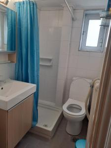 uma casa de banho com um WC, um lavatório e um chuveiro em Spitaki em Kavala