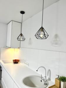 cocina blanca con fregadero y 2 luces en Oakwood park apartment, en Kaunas