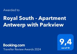 a blue sign that says royal south appointment interview with parkview at Royal South - Apartment Antwerp with Parkview in Antwerp