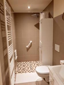 a small bathroom with a toilet and a shower at Schöne Ferienwohnung mit Balkon und Garten in Nonnweiler