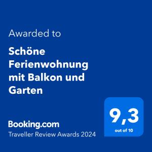 Schöne Ferienwohnung mit Balkon und Garten tanúsítványa, márkajelzése vagy díja