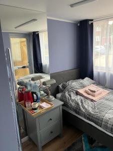 Habitación pequeña con 2 camas y mesita de noche con espejo. en Cozy Guest Room in High Barnet (London) with Private Entrance and Small Terrace en Londres
