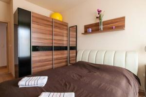 - une chambre avec un lit et un grand placard en bois dans l'établissement Skydive, à Budapest