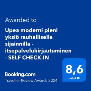 a screenshot of a cell phone with the text upgraded to uber modernrant viking at Upea moderni pieni yksiö rauhallisella sijainnilla - itsepalvelukirjautuminen - SELF CHECK-IN in Vaasa