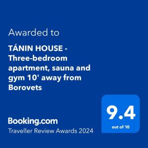 TÁNIN HOUSE - Three-bedroom apartment, sauna and gym 10' away from Borovets tesisinde sergilenen bir sertifika, ödül, işaret veya başka bir belge