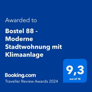Certifikát, hodnocení, plakát nebo jiný dokument vystavený v ubytování BOSTEL 88 - Moderne Stadtwohnung mit Klimaanlage