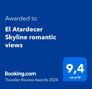 Certificate, award, sign, o iba pang document na naka-display sa El Atardecer Skyline romantic views